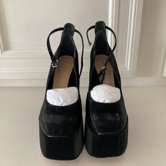 NWOB Schutz Free People Darlene Black Satin Platform Heels Sz 8.5 - Picture 5 of 8